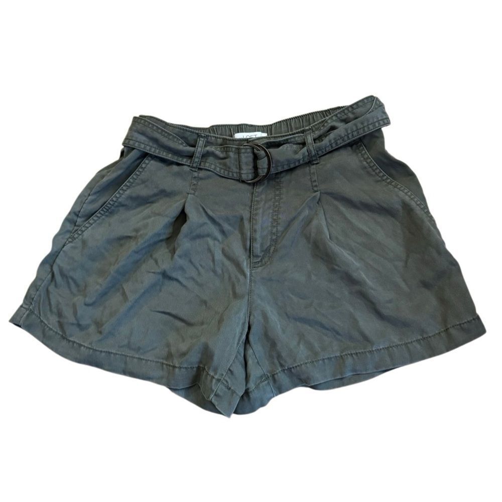 LOFT Women's Belted 100% Lyocell Pleated Shorts Olive Green Size XS